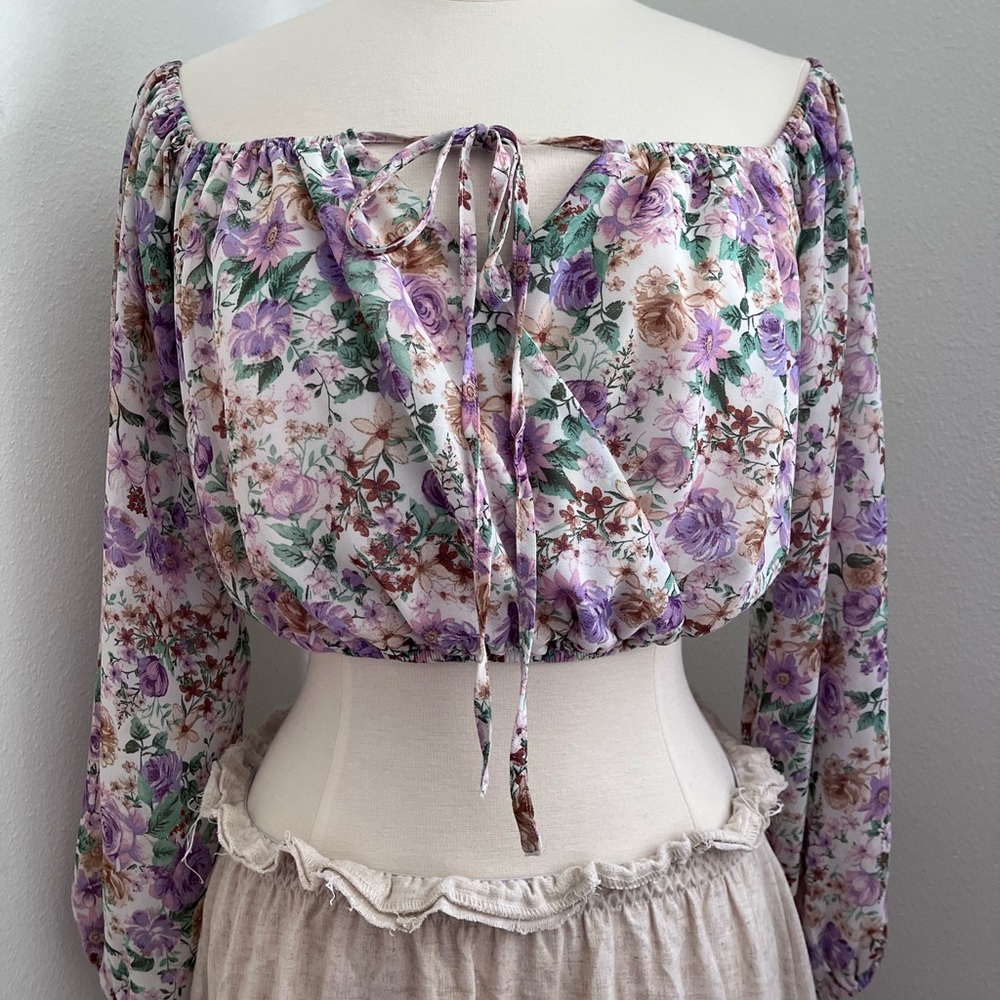 Purple Flutter Sleeve Smocked Blouse with Tie Front